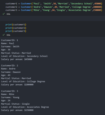 Customer Class Output Terminal Screenshot